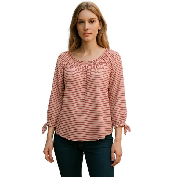 Lauren Ralph Lauren Top Blouse Tie Sleeves Red Striped Size L - Picture 1 of 6